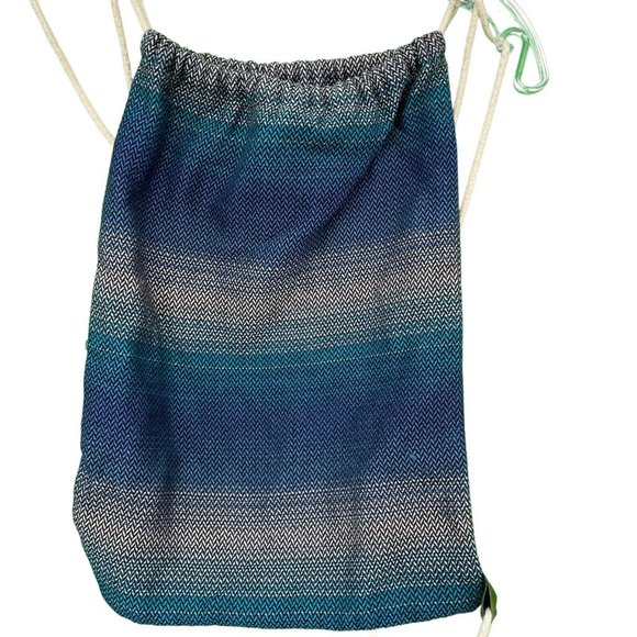 Lenny Lamb Blue Herringbone Weave Woven Wrap Bag Drawstring Backpack Tote Sack - Picture 1 of 6